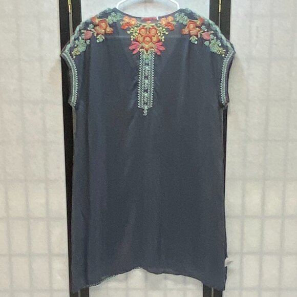 Johnny Was Cap Sleeve V Neck Embroidered Sheer Heidi Tunic Kaftan Blue Grey S - Picture 7 of 13